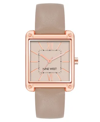 Nine West Women's Quartz Square Taupe Faux Leather Band Watch, 29mm - Taupe, Rose Gold