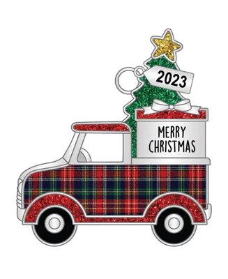 Ganz Sentiment Ornament Plaid Truck with Tree 'Merry Christmas' with Dated 2023 Charm, 3"