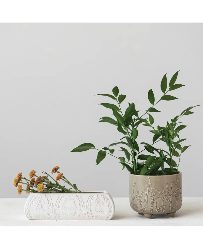 Stoneware Planter with Etched Flower Design