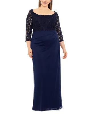 Betsy & Adam Plus Beaded Lace Scoop-Neck Gown