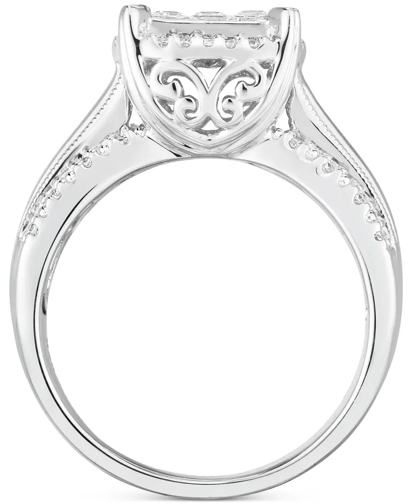 Diamond Princess Halo Cluster Engagement Ring (1 ct. t.w.) in 14k White Gold