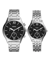 Fossil His and Her Fenmore Multifunction Silver-Tone Stainless Steel Watch Gift Set, 44mm 36mm - Silver