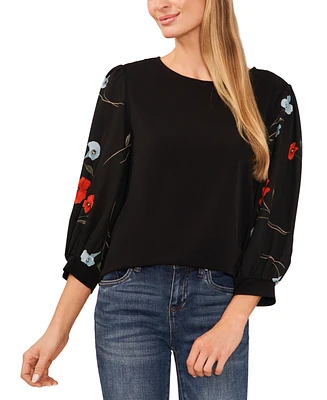CeCe Women's 3/4-Sleeve Mixed Media Floral Sleeve Top