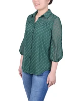 Ny Collection Women's 3/4 Sleeve Foiled Jacquard Chiffon Blouse