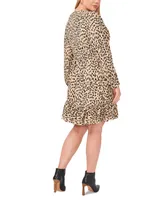 Vince Camuto Plus Size Animal Print Long Sleeve Split Neck Baby Doll Dress