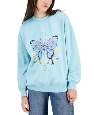 Rebellious One Juniors' Floral Butterfly Crewneck Fleece Sweatshirt