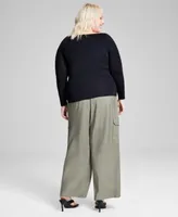 Now This Trendy Plus Size Boat Neck Long Sleeve Top Drawstring Waist Cargo Pants