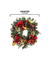 Village Lighting 24" Lighted Christmas Wreath, Red Magnolia