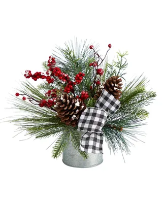 Frosted Pinecones and Berries Artificial Arrangement in Vase with Decorative Plaid Bow, 12"