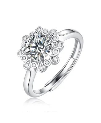 Sterling Silver White Gold Plated with 1ctw Round Lab Created Moissanite Bezel Flower Petal Cluster Engagement Anniversary Adjustable Ring