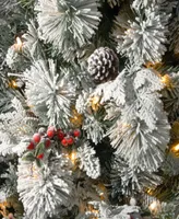 National Tree 7.5' Snowy Bedford Pine Slim Tree with Berries, Leaves, Mixed Cones and Lights