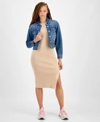 Calvin Klein Jeans Womens Sleeveless Ribbed Dess Vintage Trucker Denim Jacket