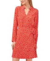 CeCe Women's Printed Collared Faux Wrap Long Sleeve Dress