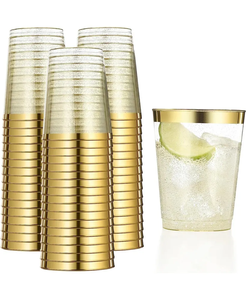 Chateau Fine Tableware 100 Gold Plastic Cups 10 Oz Gold Glitter Plastic Cups  Tumblers Gold Rimmed Cups Fancy Disposable Wedding Cups Elegant Party Cup