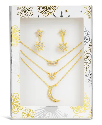 Sterling Forever Cubic Zirconia Snowflake Stud Earring and Layered Necklace Peace & Joy Gift Set