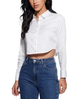 Guess Women's Sami Beaded-Button Long-Sleeve Cropped Shirt