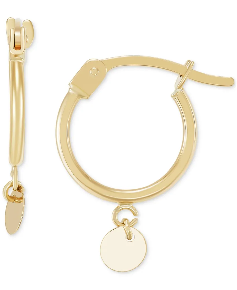 Polished Tube Disc Dangle Huggie Extra Small Hoop Earrings in 14k Gold, 1/2"