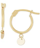 Polished Tube Disc Dangle Huggie Extra Small Hoop Earrings in 14k Gold, 1/2"