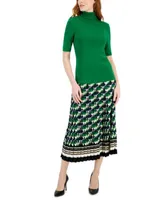 Anne Klein Womens Turtleneck Elbow Sleeve Sweater Printed Pull On Pleated Skirt