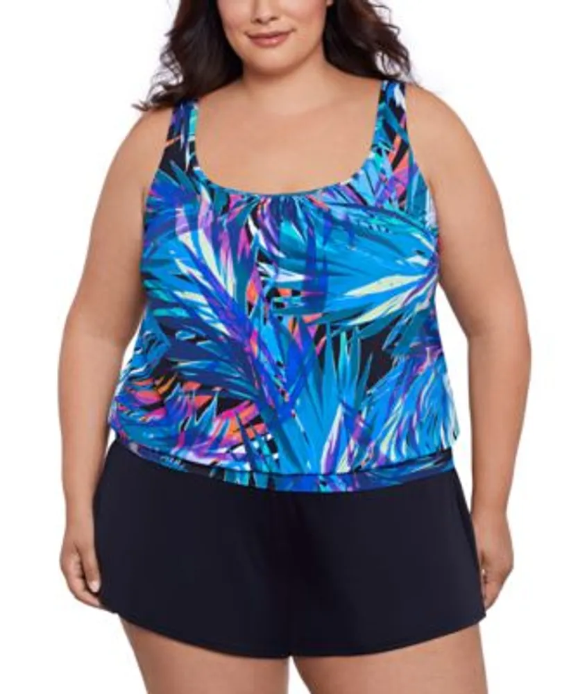 Swim Solutions Plus Size Printed Shirred Neck Blouson Tankini Swim Skirt  Created For Macys