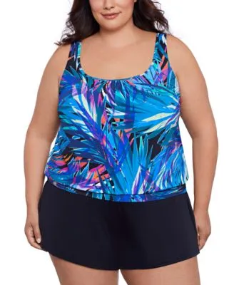 Swim Solutions Plus Size Printed Shirred Neck Blouson Tankini Swim Skirt Created For Macys