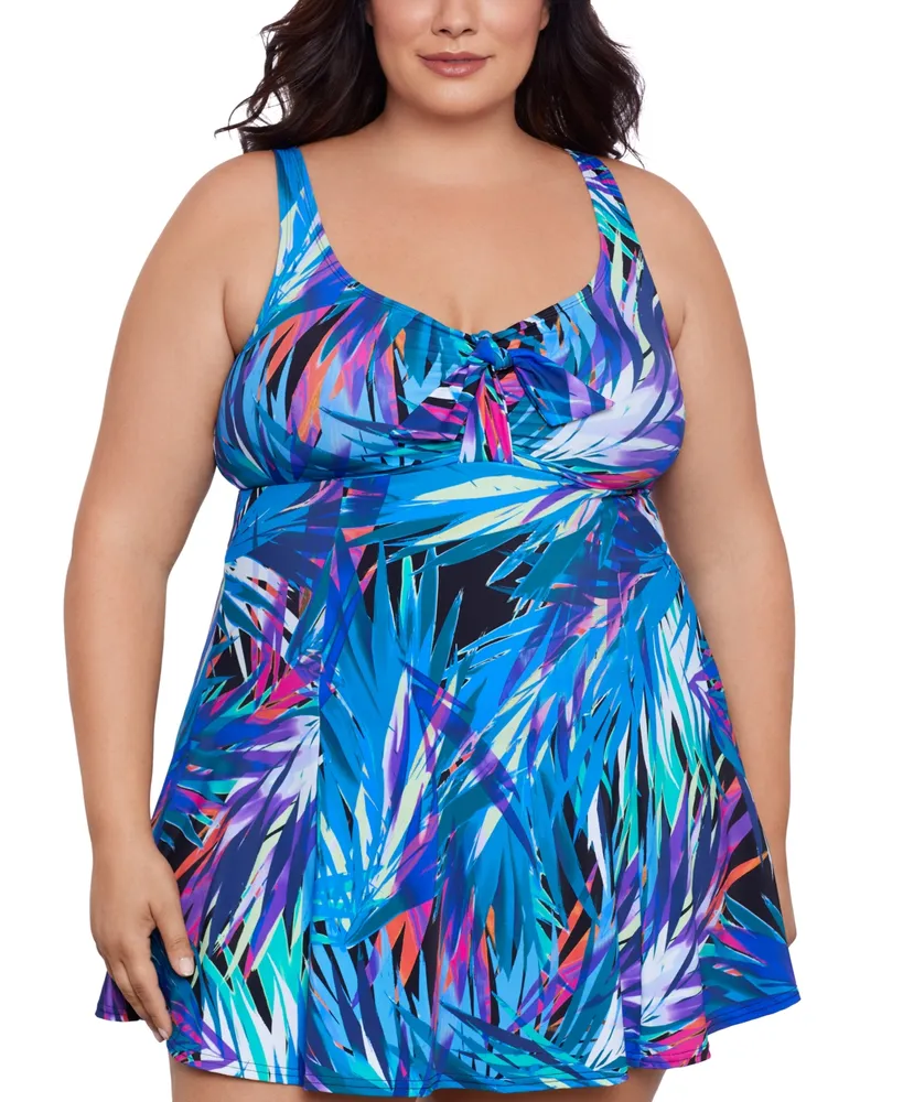Swim Solutions Plus Abstract-Print Bow-Front Dress, Created for Macy's
