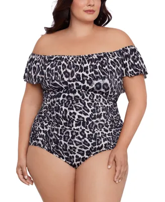 Swim Solutions Plus Cheetah-Print Off-The-Shoulder One piece Swimsuit, Created for Macy's
