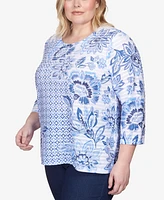 Alfred Dunner Plus Size Lavender Fields Geo Floral Printed Ruffle Top