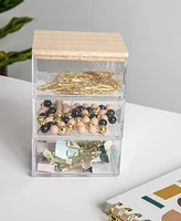 Martha Stewart Brody Plastic Storage Organizer Bins with Paulownia Wood Lid for Home Office or Kitchen, 3 Pack Small, 3.75" x 3"
