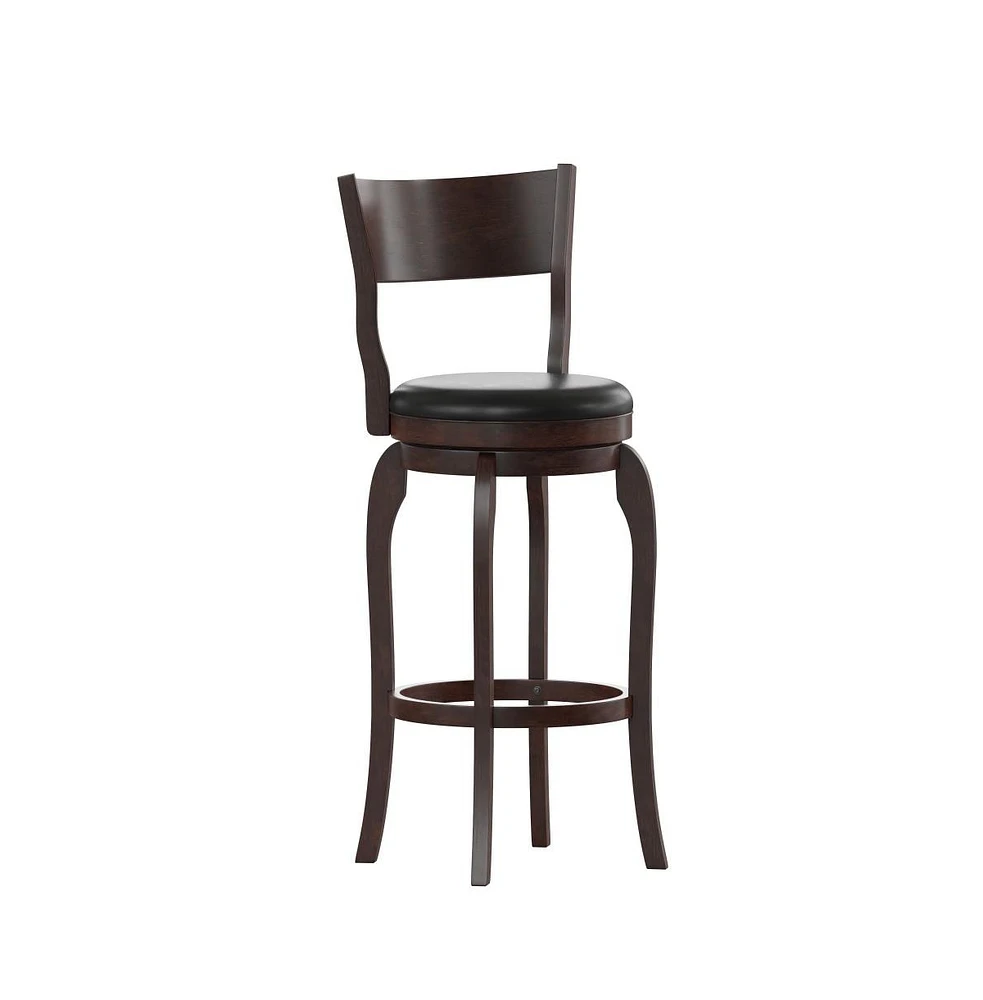 Tally 30" Classic Wooden Open Back Swivel Bar Height Pub Stool With Upholstered Padded Seat And Integrated Footrest