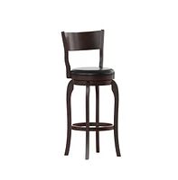 Tally 30" Classic Wooden Open Back Swivel Bar Height Pub Stool With Upholstered Padded Seat And Integrated Footrest