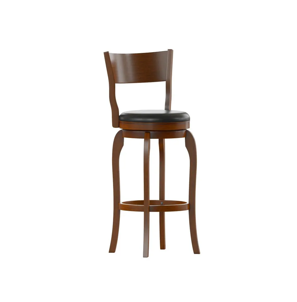 Tally 30" Classic Wooden Open Back Swivel Bar Height Pub Stool With Upholstered Padded Seat And Integrated Footrest