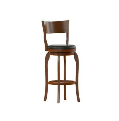 Tally 30" Classic Wooden Open Back Swivel Bar Height Pub Stool With Upholstered Padded Seat And Integrated Footrest