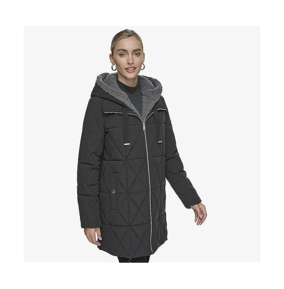 Islee Quilted Womens's Puffer Coat With Popcorn Sherpa Trimming and Removable Hooded Bib