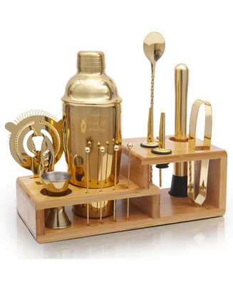 Touch of Mixology Premium 14 Piece Stainless Steel Bartender Kit with Bamboo Stand (Gold)