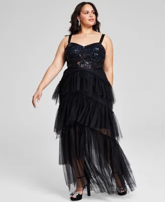 City Studios Plus Sequin Tiered Mesh Gown, Created for Macy's