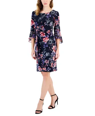 Connected Petite Bell-Sleeve Gathered Sheath Dress