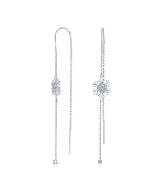 Thin Linear Clear Blue Cz Frozen Winter Holiday Party Snowflake Ear Threader Chain Dangle Earrings For Women Teen .925 Sterling Silver