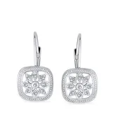 Bling Jewelry Square Art Deco Style Holiday Party Flower Christmas Winter Aaa Cubic Zirconia Encrusted Cz Snowflake Drop Lever Back Earrings Sterling