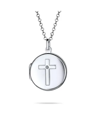 Religious Dainty Engraved Round Circle Holy Cross Locket Photo Locket For Women Teens Holds Photos Pictures .925 Silver Necklace Pendant