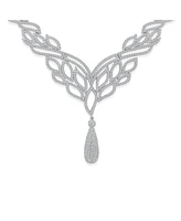 Bling Jewelry Art Deco-Inspired Leaf Statement Collar Necklace With Cleavage Dangling Teardrop Micro Pave Cubic Zirconia Cz For Women