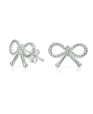 Delicate Simple Dainty Thin Twist Rope Cable Ribbon Birthday Present Bow Stud Earrings For Women Teens .925 Sterling Silver