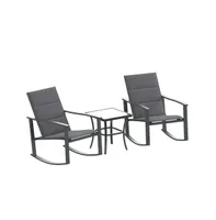 Brevyn 3 Piece Outdoor Bistro Set With Flex Comfort Rocking Chairs And Steel Framed Glass Top Table