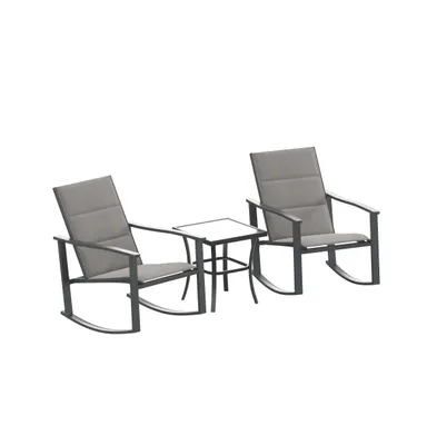 Brevyn 3 Piece Outdoor Bistro Set With Flex Comfort Rocking Chairs And Steel Framed Glass Top Table