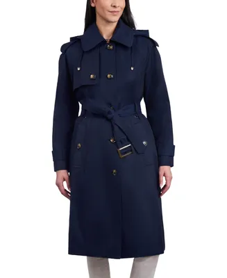 London Fog Women's Petite Single-Breasted Hooded Belted Trench Coat