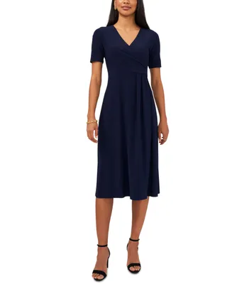 Msk Petite V-Neck Short-Sleeve Faux-Wrap Midi Dress