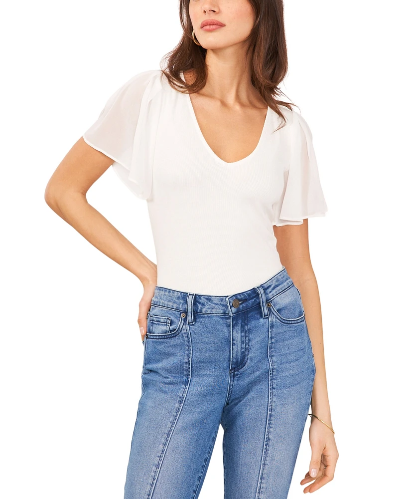 1.state Women's Flutter Short Sleeve V-Neck Knit Top