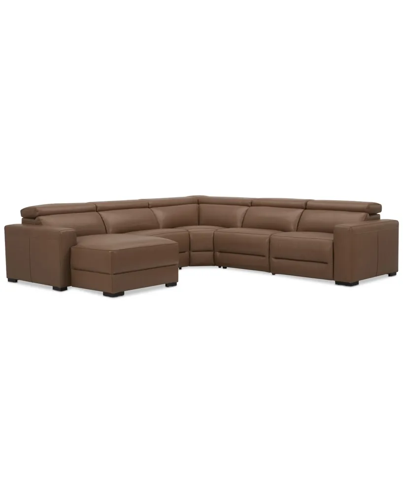 Nevio 124" 5-Pc. Leather Sectional with 2 Power Recliners, Headrests and Chaise, Created For Macy's