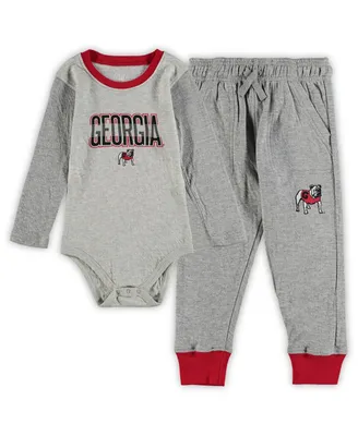 Infant Boys and Girls Wes & Willy Heathered Gray, Red Georgia Bulldogs Jie Long Sleeve Bodysuit Pants Set