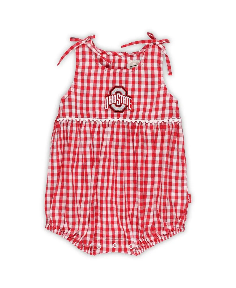 Girls Infant Garb Scarlet, White Ohio State Buckeyes Teagan Gingham Ruffled Romper